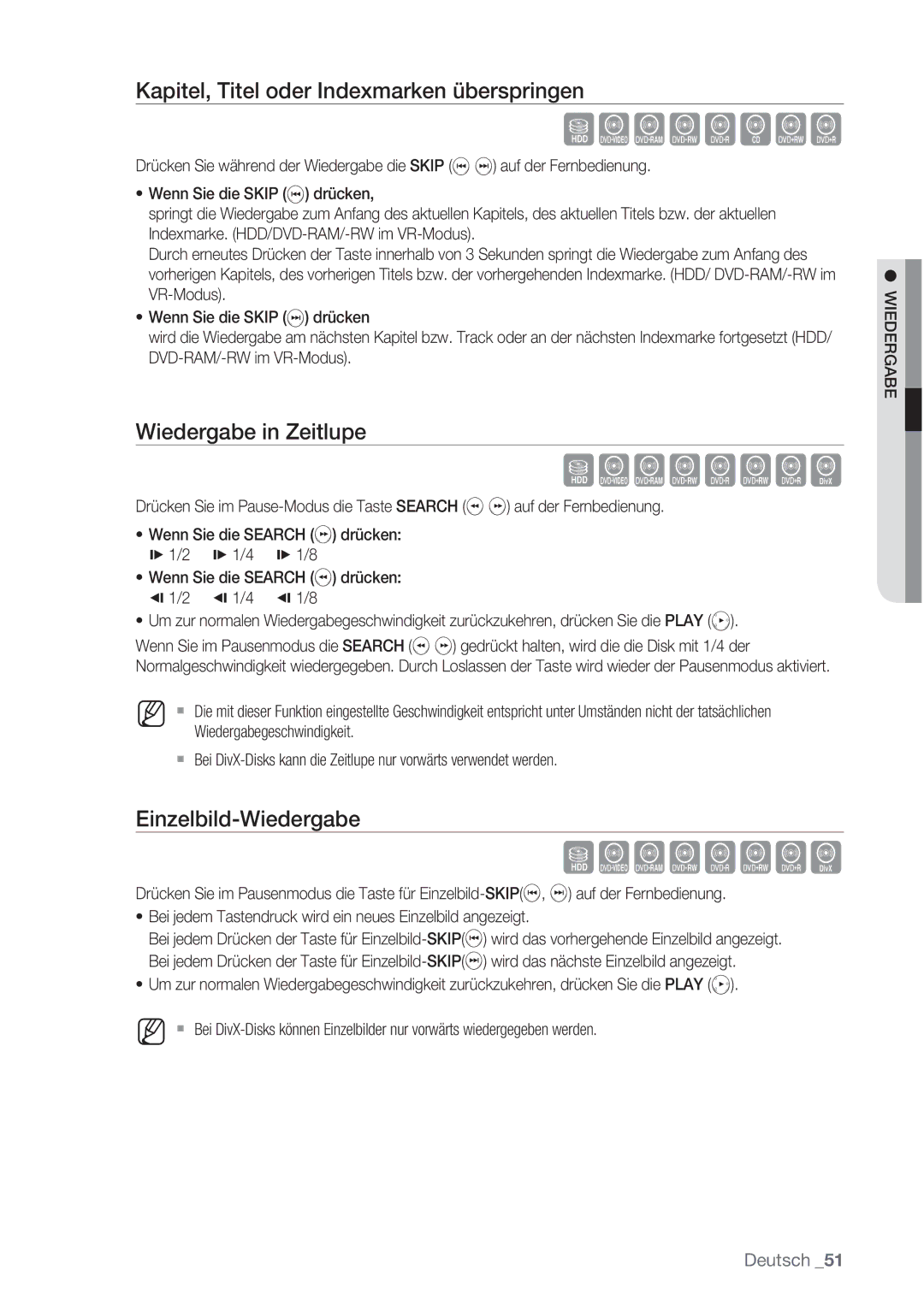 Samsung DVD-HR775/XEB manual Kapitel, Titel oder Indexmarken überspringen, Wiedergabe in Zeitlupe, Einzelbild-Wiedergabe 