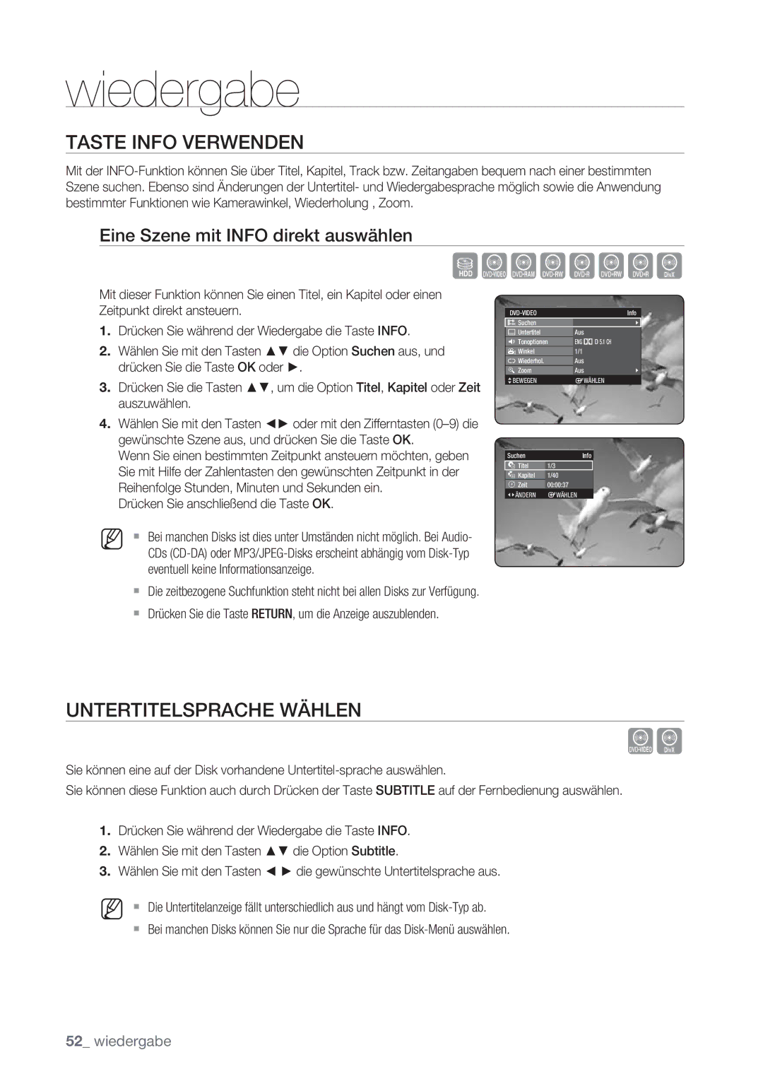 Samsung DVD-HR775/AUS manual Szxcvkld, Taste Info Verwenden, Untertitelsprache Wählen, Eine Szene mit Info direkt auswählen 