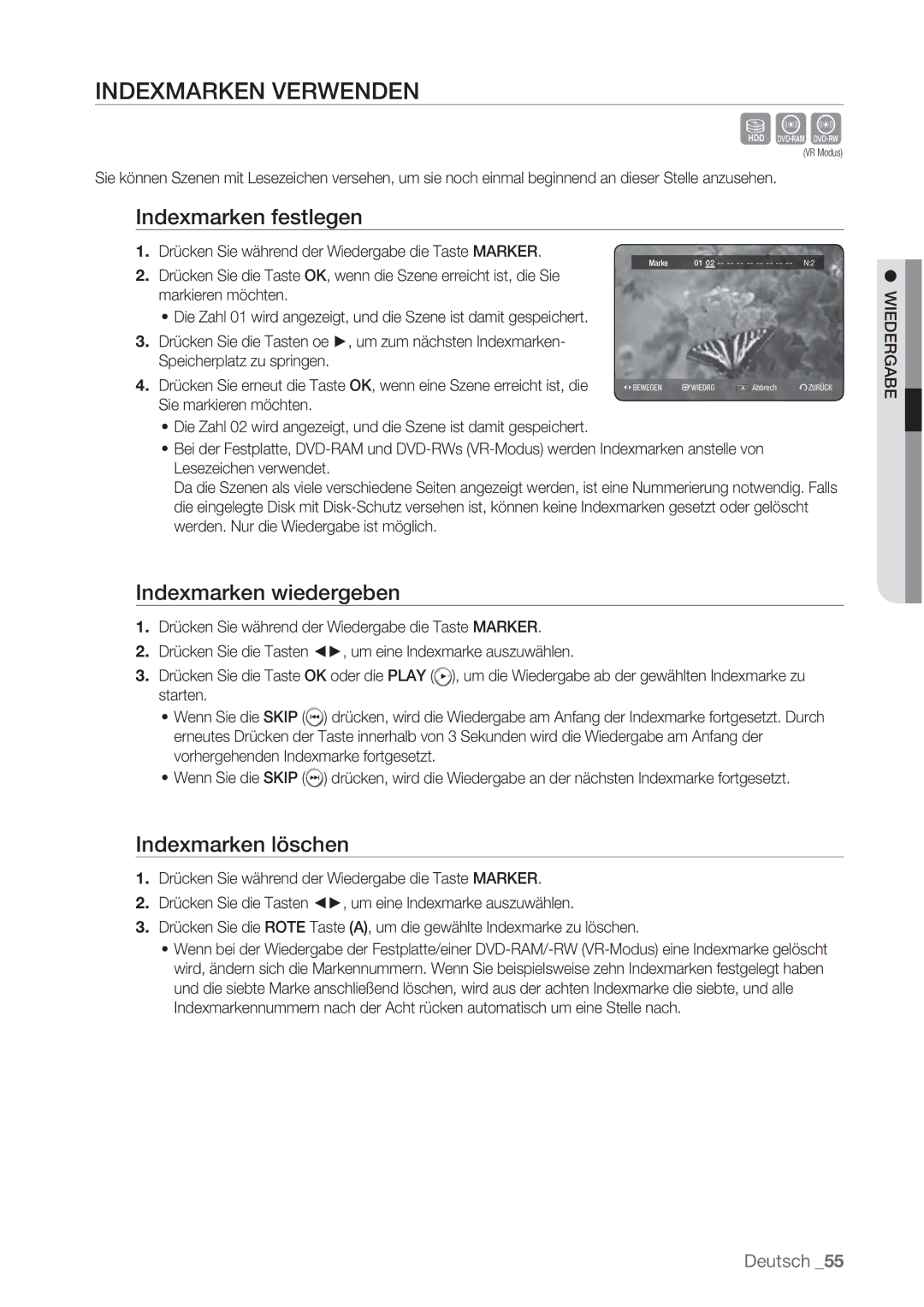 Samsung DVD-HR777/XEB manual Indexmarken Verwenden, Indexmarken festlegen, Indexmarken wiedergeben, Indexmarken löschen 