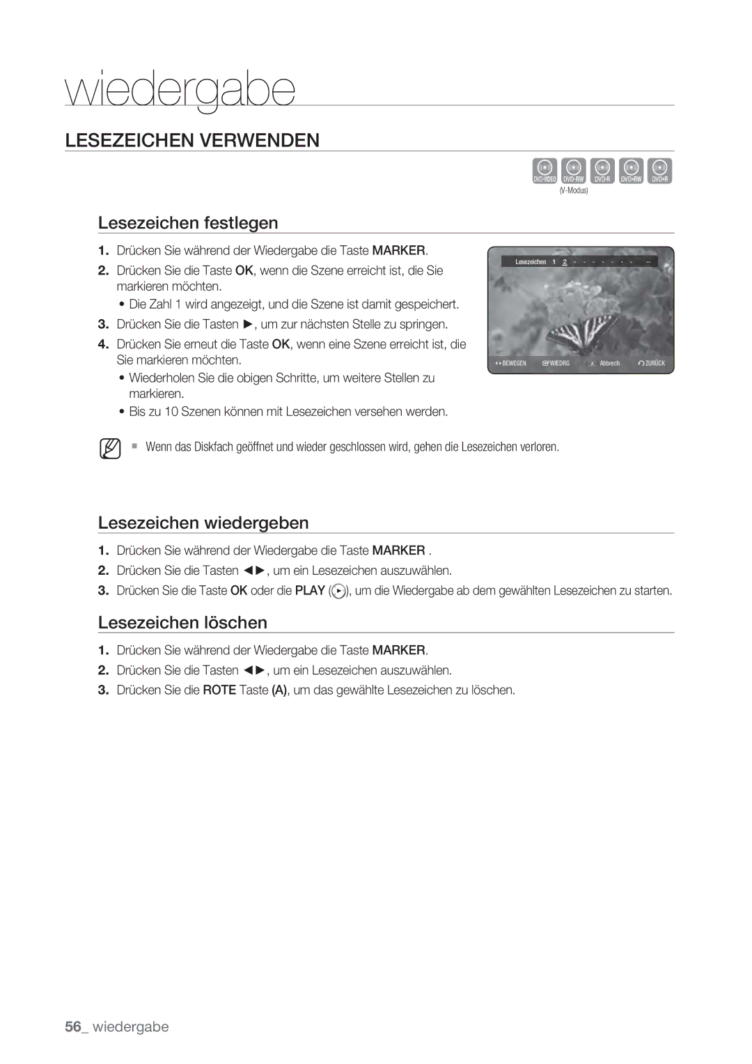 Samsung DVD-HR775/XEG Zcvkl, Lesezeichen Verwenden, Lesezeichen festlegen, Lesezeichen wiedergeben, Lesezeichen löschen 