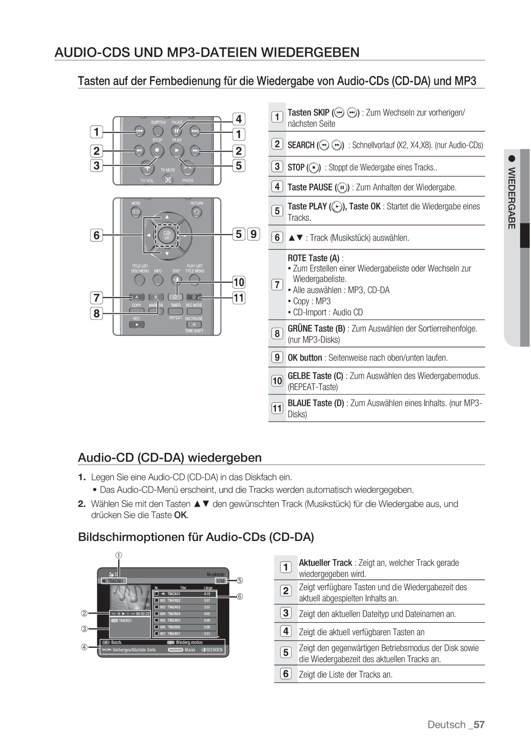 Samsung DVD-HR775/XEB, DVD-HR775/XEN, DVD-HR777/XEB manual AUDIO-CDS UND MP3-DATEIEN Wiedergeben, Audio-CD CD-DA wiedergeben 