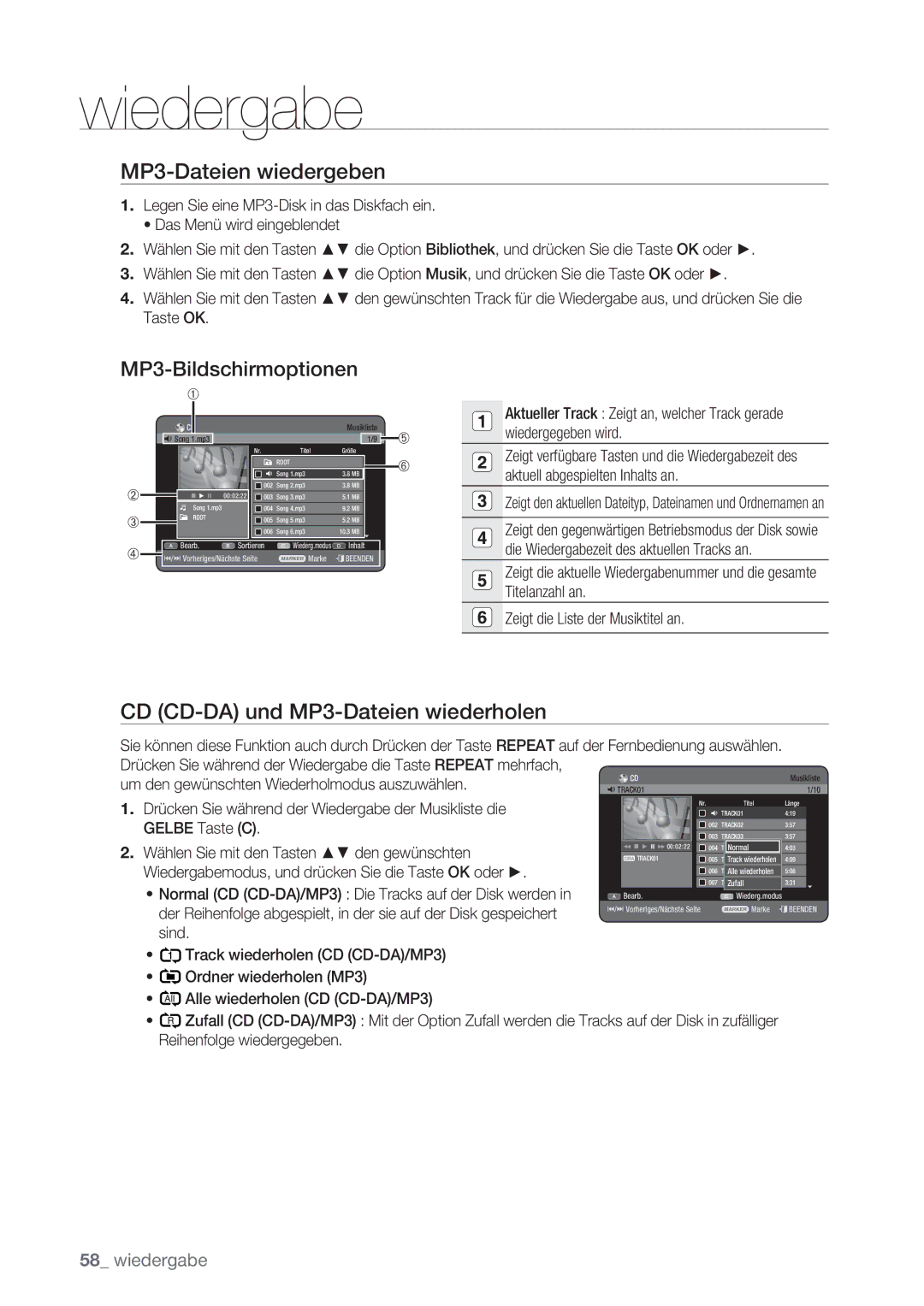 Samsung DVD-HR775/AUS, DVD-HR775/XEN MP3-Dateien wiedergeben, CD CD-DA und MP3-Dateien wiederholen, MP3-Bildschirmoptionen 