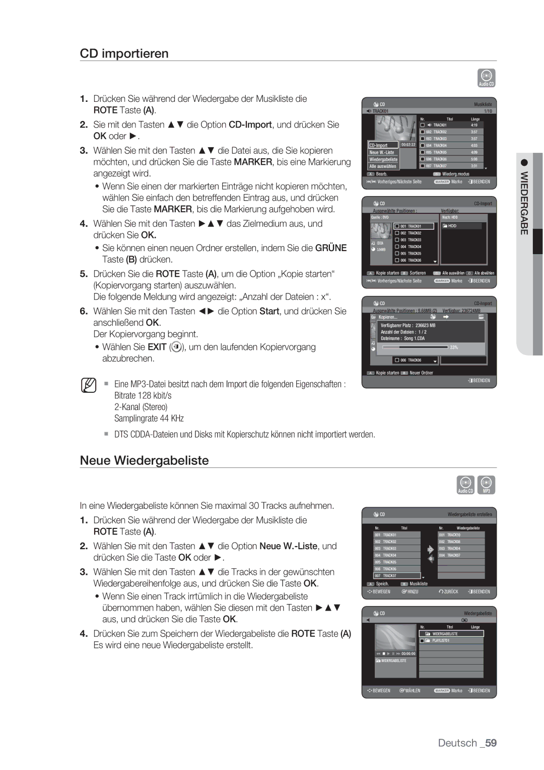 Samsung DVD-HR777/XEG, DVD-HR775/XEN, DVD-HR777/XEB, DVD-HR775/XEG, DVD-HR775/XEB manual CD importieren, Neue Wiedergabeliste 