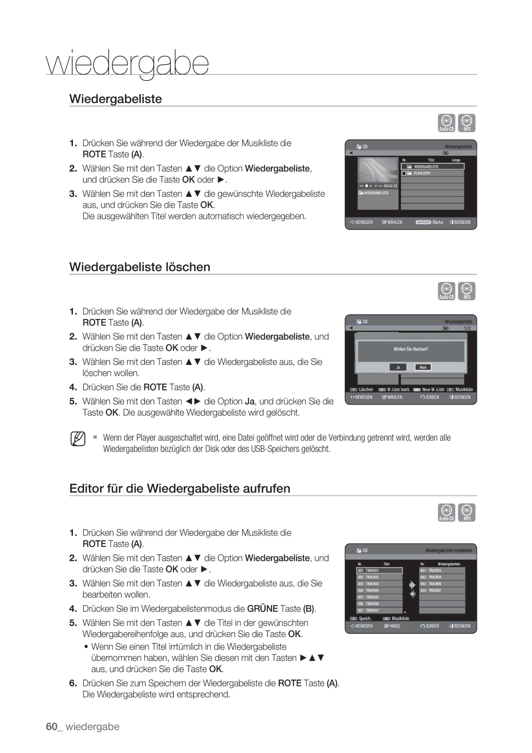 Samsung DVD-HR775/XEN, DVD-HR777/XEB, DVD-HR775/XEG Wiedergabeliste löschen, Editor für die Wiedergabeliste aufrufen 