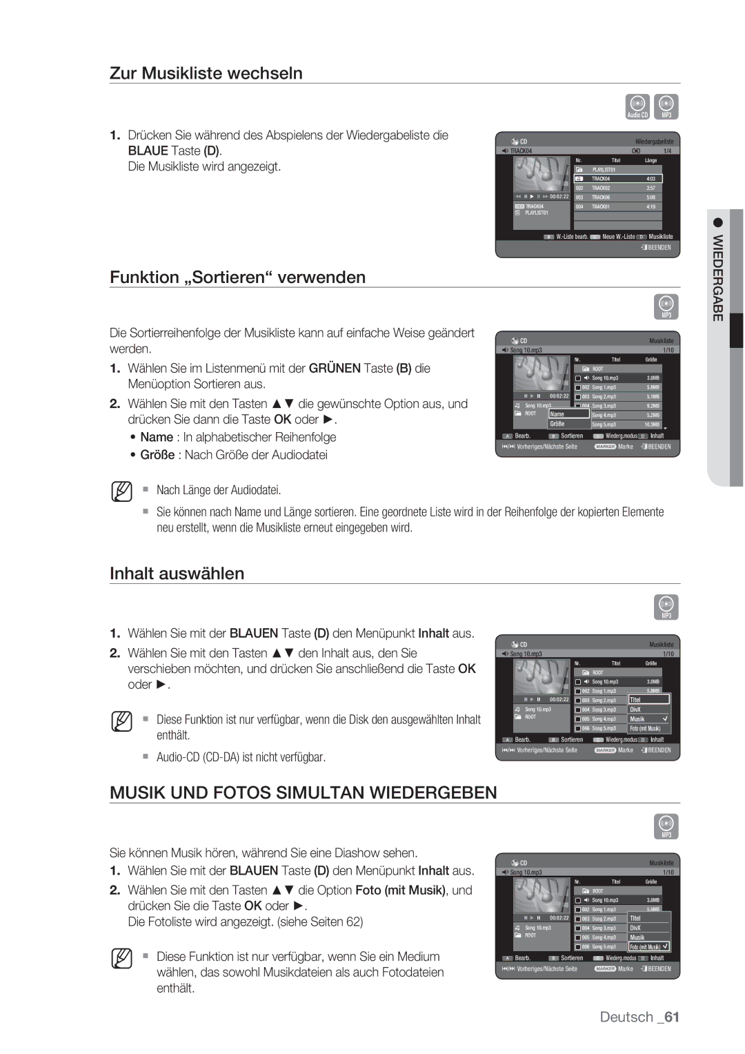 Samsung DVD-HR777/XEB, DVD-HR775/XEN manual Zur Musikliste wechseln, Funktion „Sortieren verwenden, Inhalt auswählen 