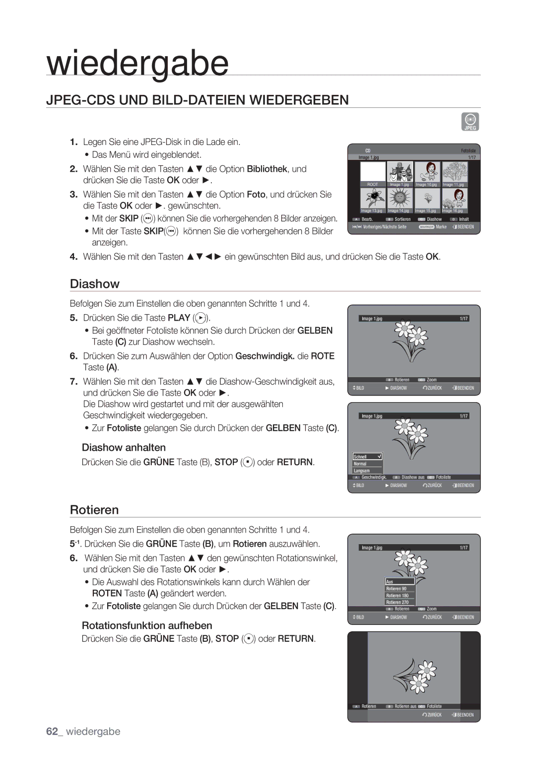 Samsung DVD-HR775/XEG, DVD-HR775/XEN, DVD-HR777/XEB, DVD-HR775/XEB JPEG-CDS UND BILD-DATEIEN Wiedergeben, Diashow, Rotieren 