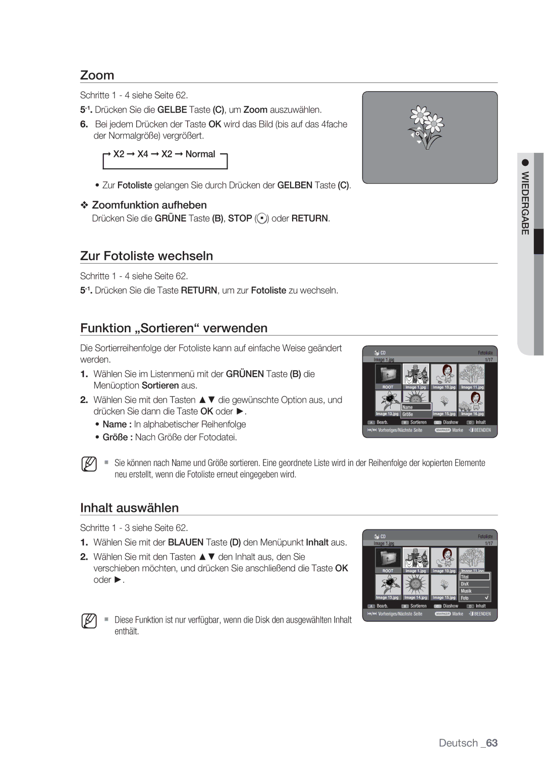 Samsung DVD-HR775/XEB manual Zoom, Zur Fotoliste wechseln, Größe Nach Größe der Fotodatei, Schritte 1 3 siehe Seite 