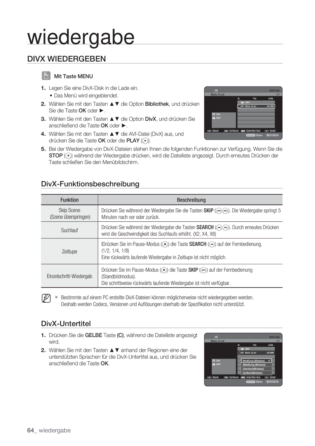 Samsung DVD-HR775/AUS, DVD-HR775/XEN, DVD-HR777/XEB manual Divx Wiedergeben, DivX-Funktionsbeschreibung, DivX-Untertitel 