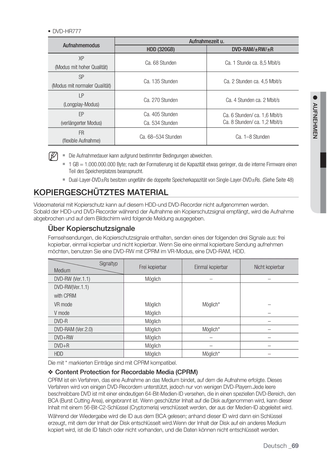 Samsung DVD-HR775/XEB, DVD-HR775/XEN, DVD-HR777/XEB Kopiergeschütztes Material, Über Kopierschutzsignale, Dvd-R, Dvd+R, Hdd 