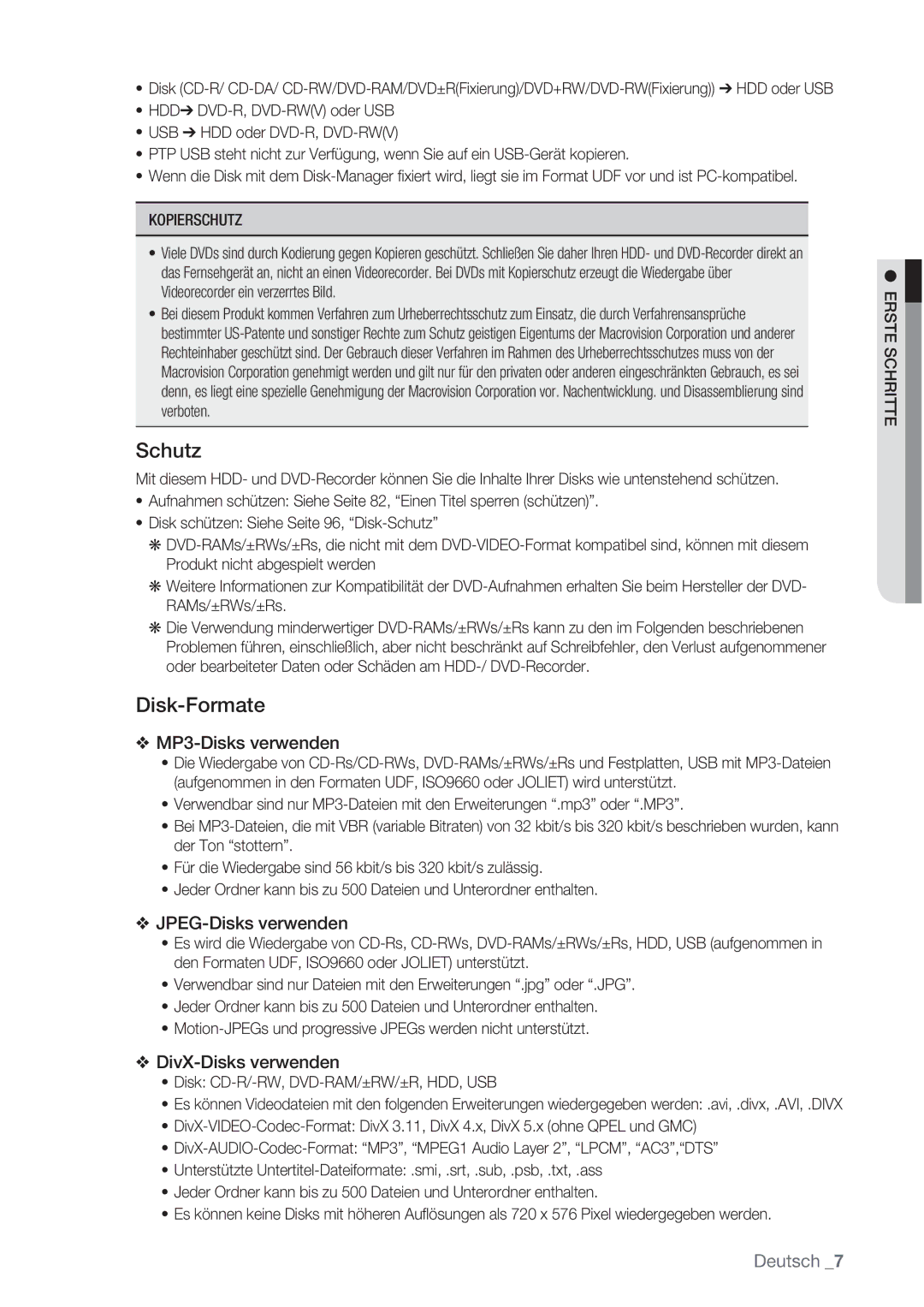 Samsung DVD-HR777/XEB, DVD-HR775/XEN manual Schutz, Disk-Formate, Kopierschutz, Disk CD-R/-RW, DVD-RAM/±RW/±R, HDD, USB 