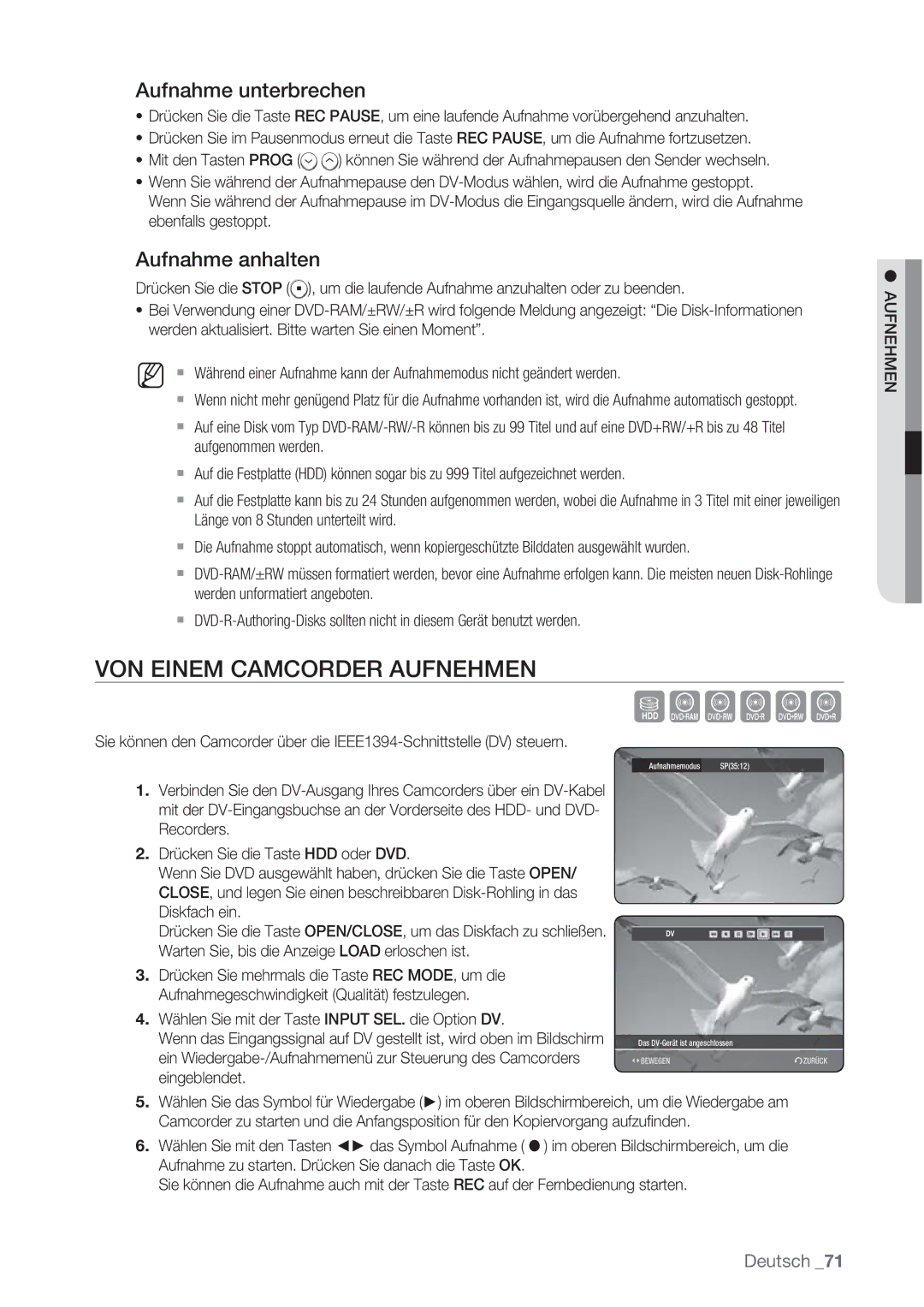 Samsung DVD-HR777/XEG, DVD-HR775/XEN, DVD-HR777/XEB VON Einem Camcorder Aufnehmen, Aufnahme unterbrechen, Aufnahme anhalten 