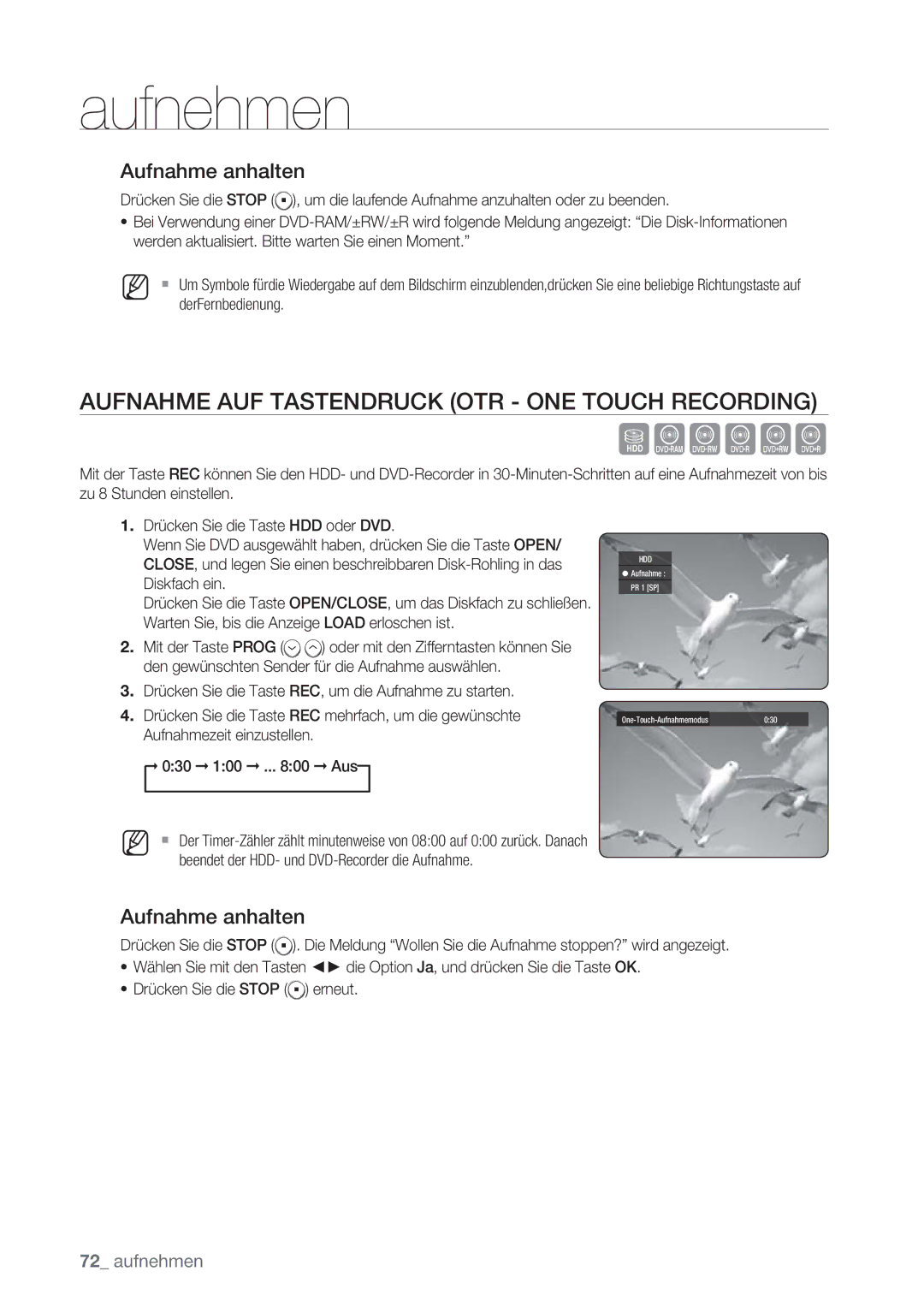 Samsung DVD-HR775/XEN, DVD-HR777/XEB, DVD-HR775/XEG, DVD-HR775/XEB manual Aufnahme AUF Tastendruck OTR ONE Touch Recording 