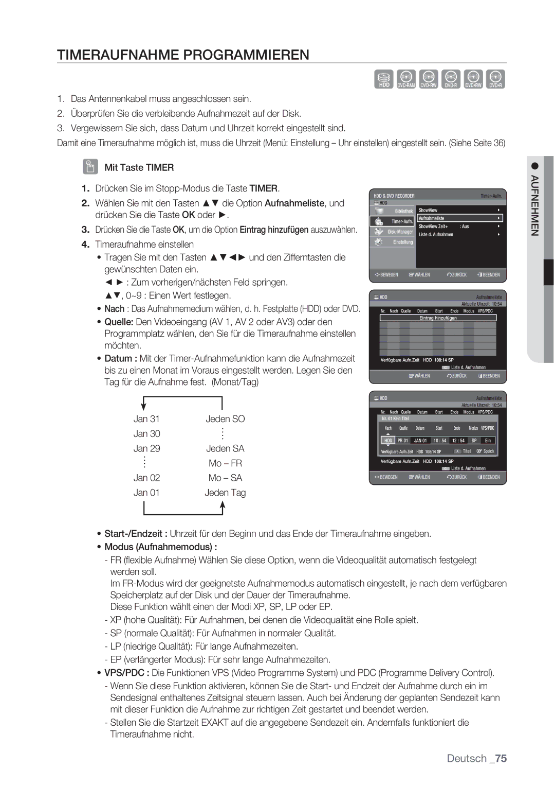 Samsung DVD-HR775/XEB, DVD-HR775/XEN, DVD-HR777/XEB, DVD-HR775/XEG, DVD-HR775/AUS manual Timeraufnahme Programmieren, Jan 