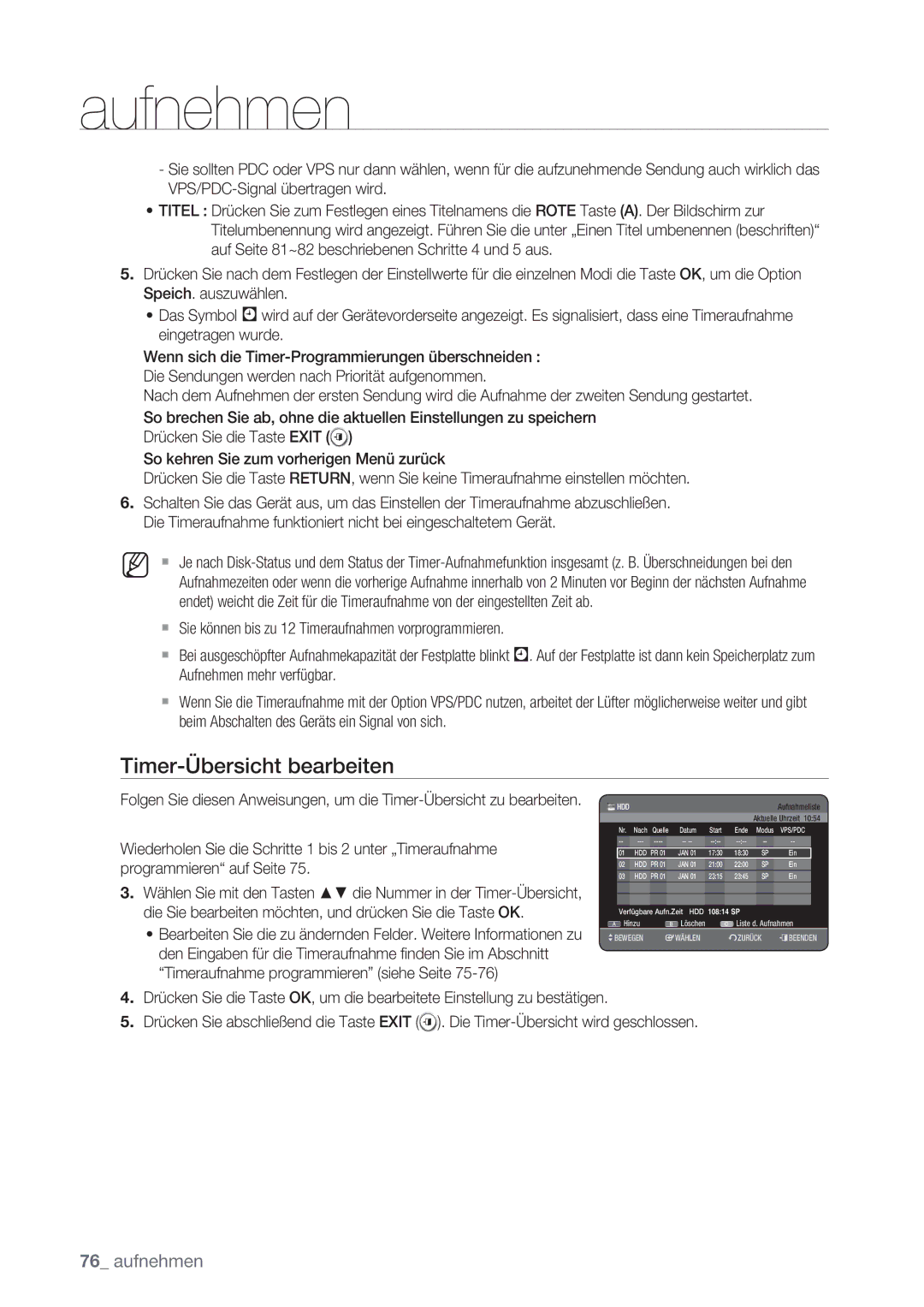 Samsung DVD-HR775/AUS, DVD-HR775/XEN, DVD-HR777/XEB, DVD-HR775/XEG, DVD-HR775/XEB, DVD-HR777/XEG Timer-Übersicht bearbeiten 