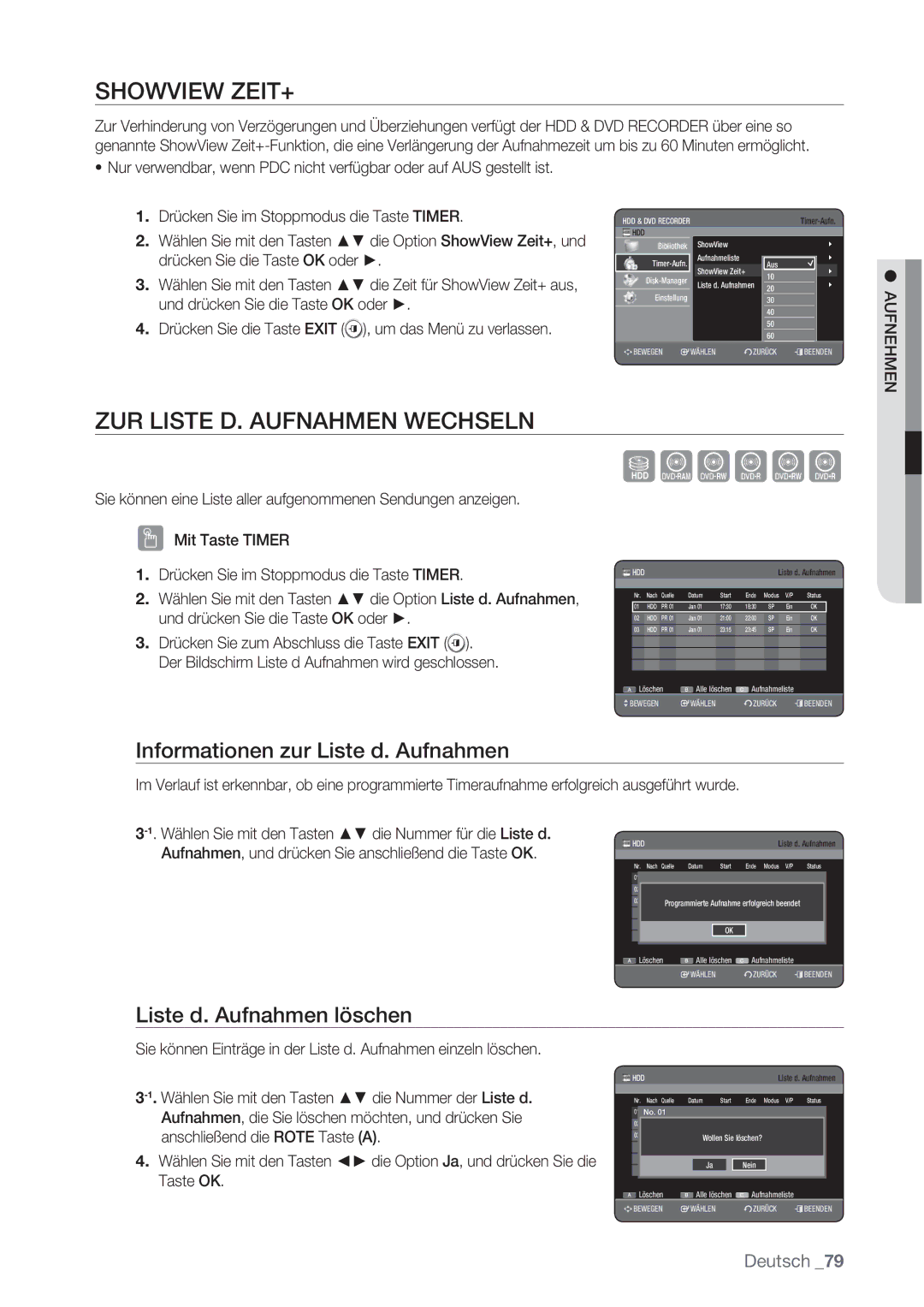 Samsung DVD-HR777/XEB, DVD-HR775/XEN Showview ZEIT+, ZUR Liste D. Aufnahmen Wechseln, Informationen zur Liste d. Aufnahmen 