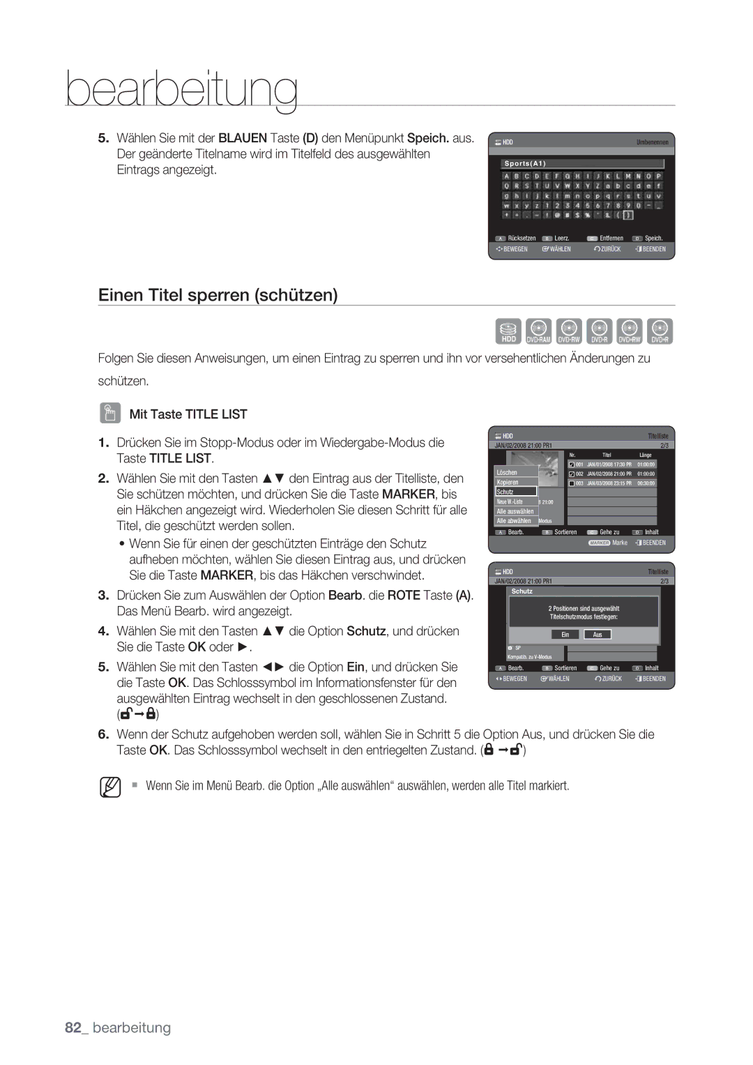 Samsung DVD-HR775/AUS manual Einen Titel sperren schützen, Ausgewählten Eintrag wechselt in den geschlossenen Zustand 