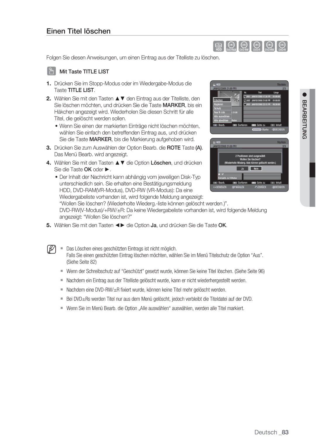 Samsung DVD-HR777/XEG, DVD-HR775/XEN, DVD-HR777/XEB, DVD-HR775/XEG, DVD-HR775/XEB, DVD-HR775/AUS manual Einen Titel löschen 