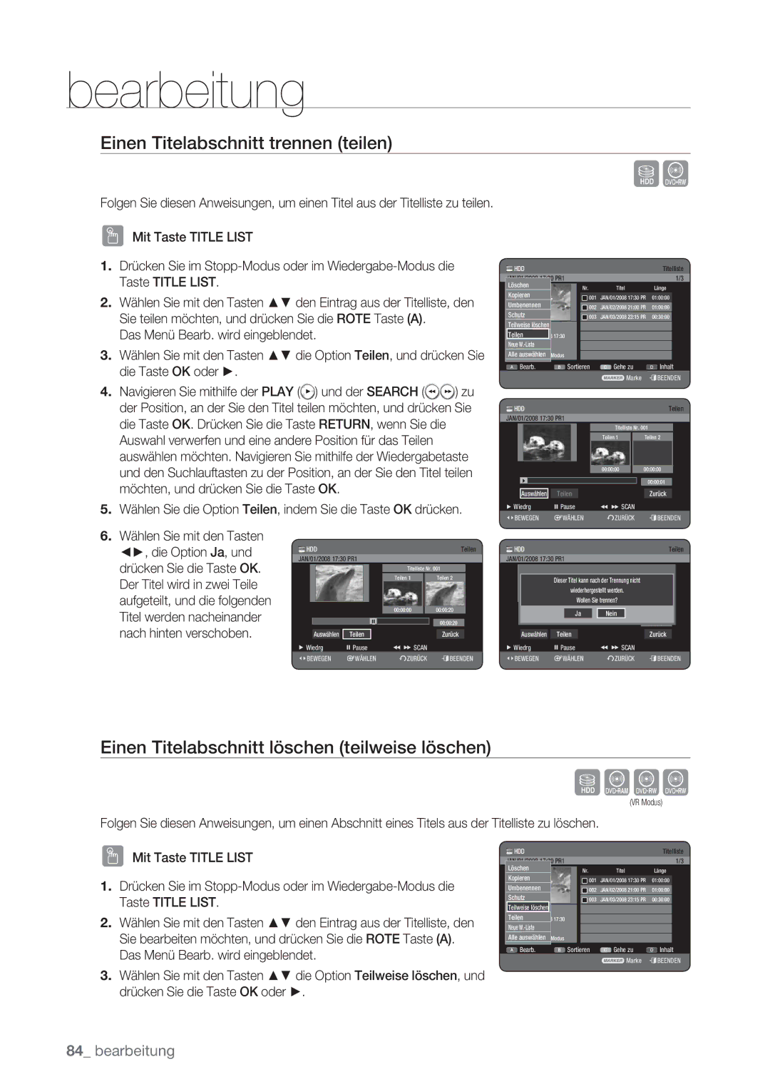 Samsung DVD-HR775/XEN manual Sxck, Einen Titelabschnitt trennen teilen, Einen Titelabschnitt löschen teilweise löschen 