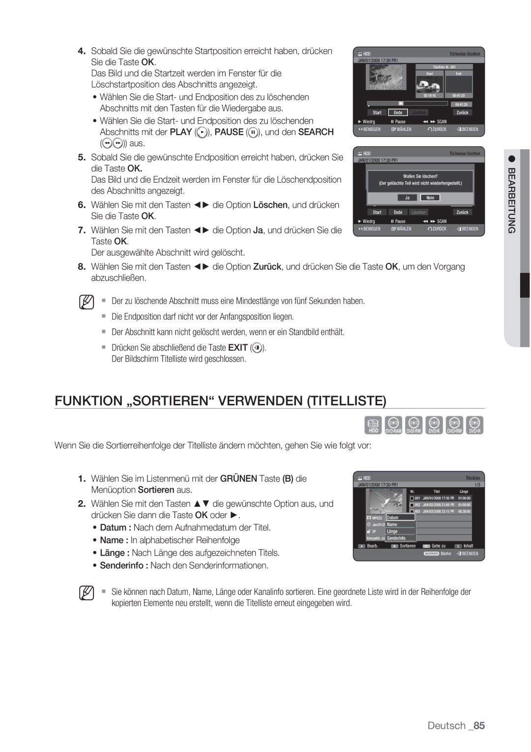 Samsung DVD-HR777/XEB Funktion „SORTIEREN Verwenden Titelliste, Wählen Sie die Start- und Endposition des zu löschenden 