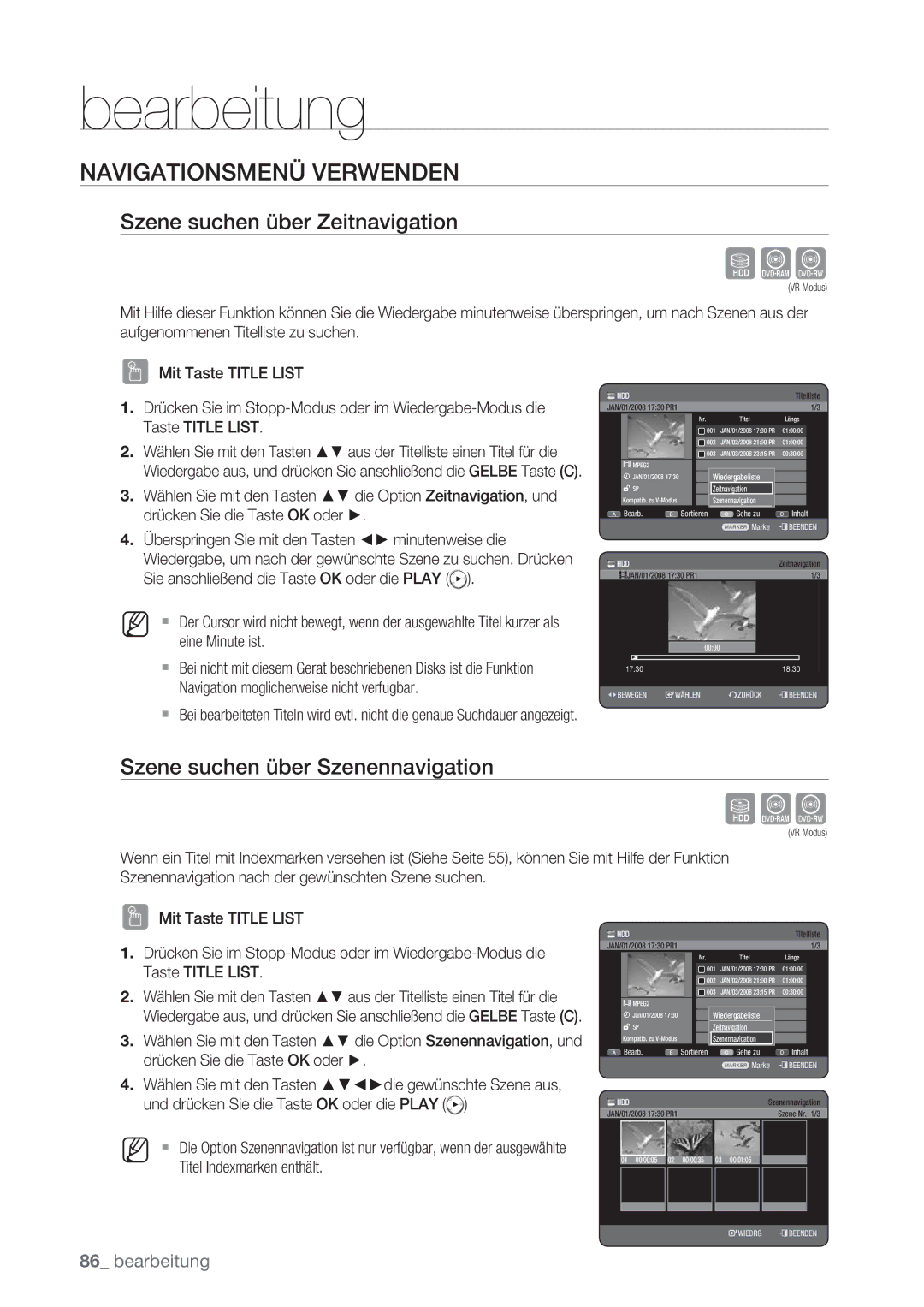 Samsung DVD-HR775/XEG Sxc, Navigationsmenü Verwenden, Szene suchen über Zeitnavigation, Szene suchen über Szenennavigation 