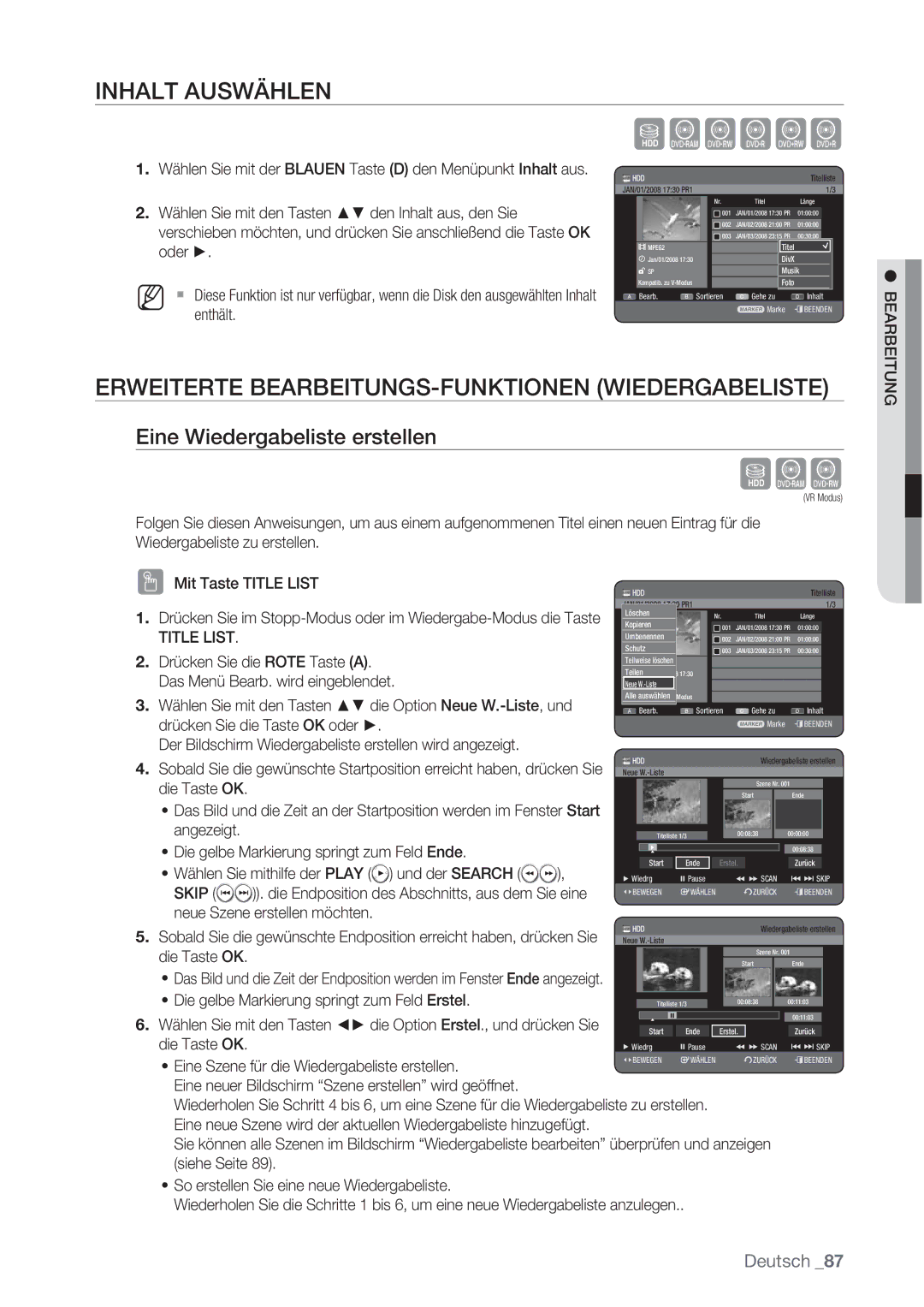 Samsung DVD-HR775/XEB Inhalt Auswählen, Erweiterte BEARBEITUNGS-FUNKTIONEN Wiedergabeliste, Eine Wiedergabeliste erstellen 