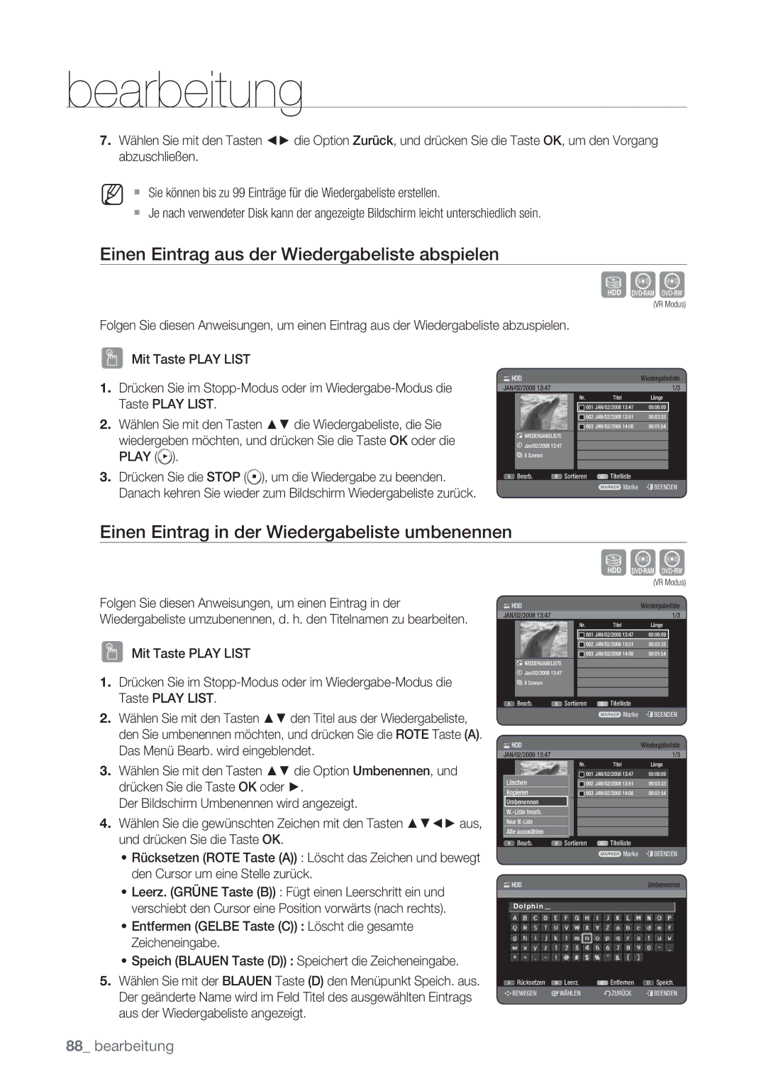 Samsung DVD-HR775/AUS Einen Eintrag aus der Wiedergabeliste abspielen, Einen Eintrag in der Wiedergabeliste umbenennen 