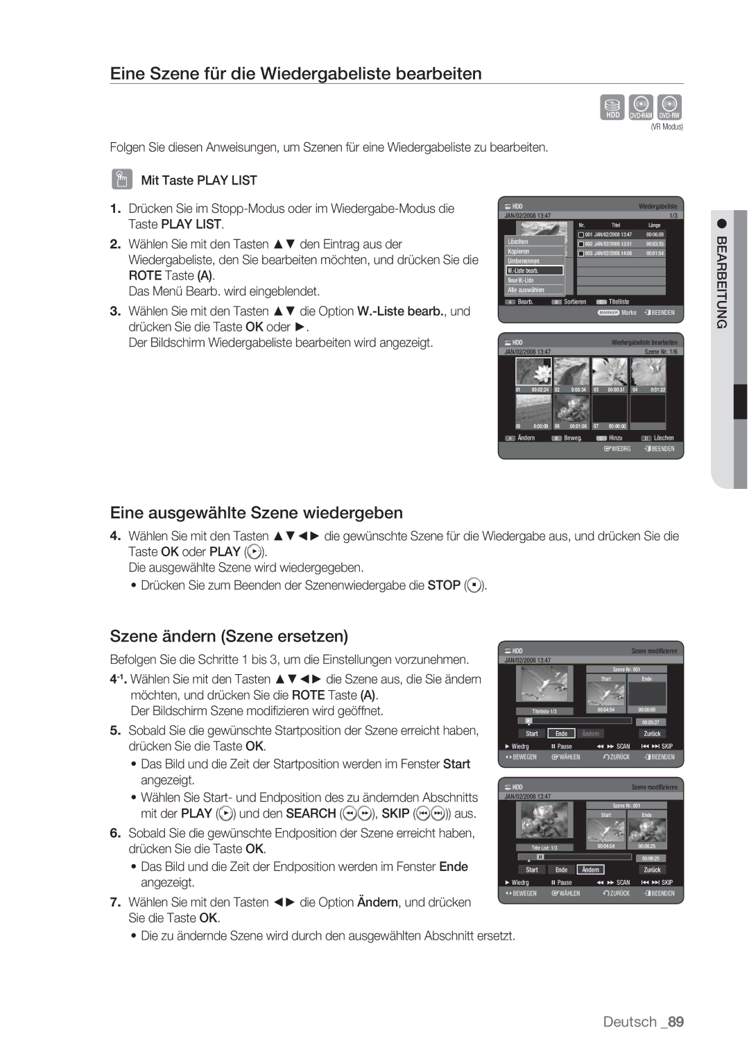 Samsung DVD-HR777/XEG, DVD-HR775/XEN Eine Szene für die Wiedergabeliste bearbeiten, Eine ausgewählte Szene wiedergeben 