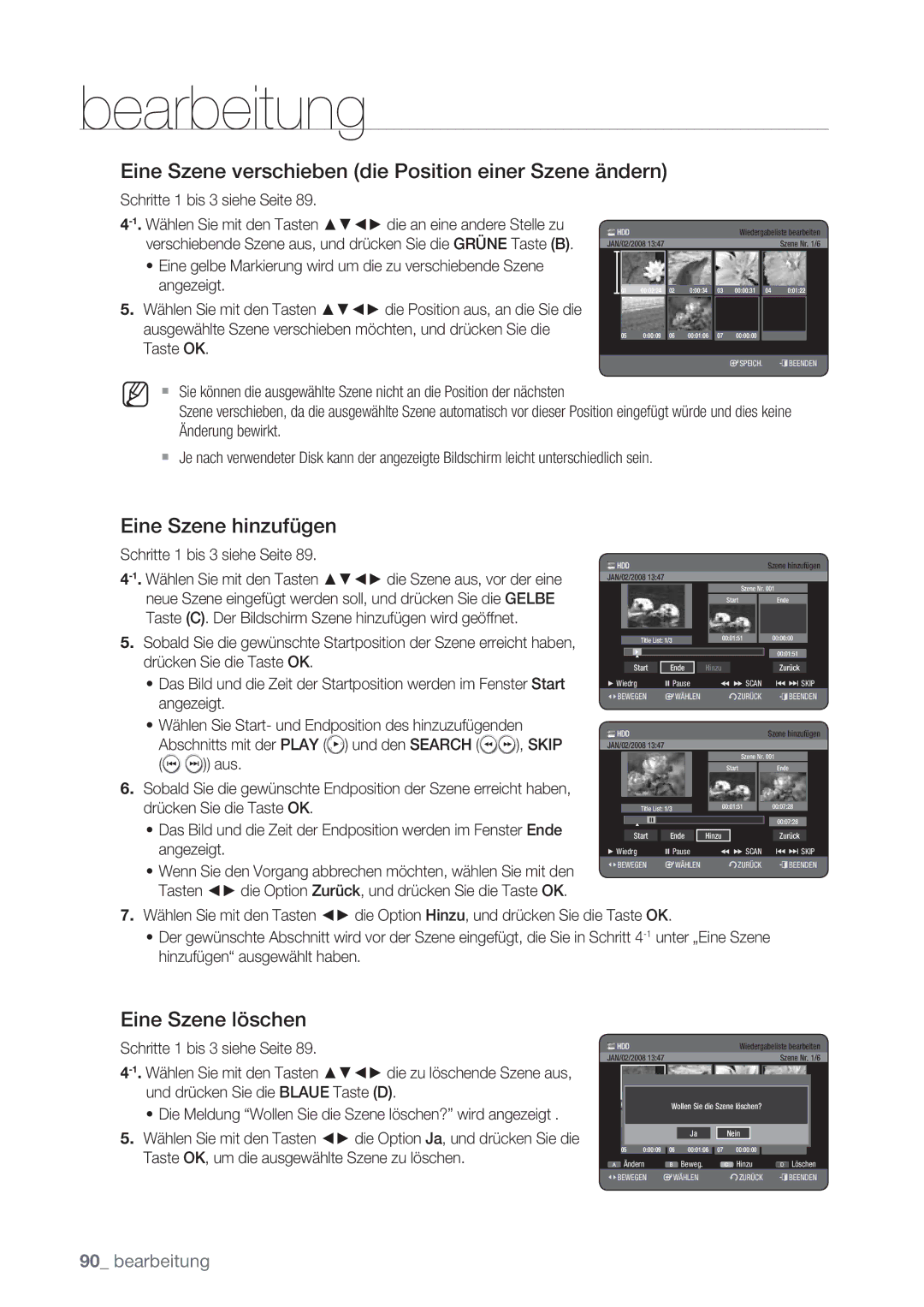 Samsung DVD-HR775/XEN Eine Szene verschieben die Position einer Szene ändern, Eine Szene hinzufügen, Eine Szene löschen 