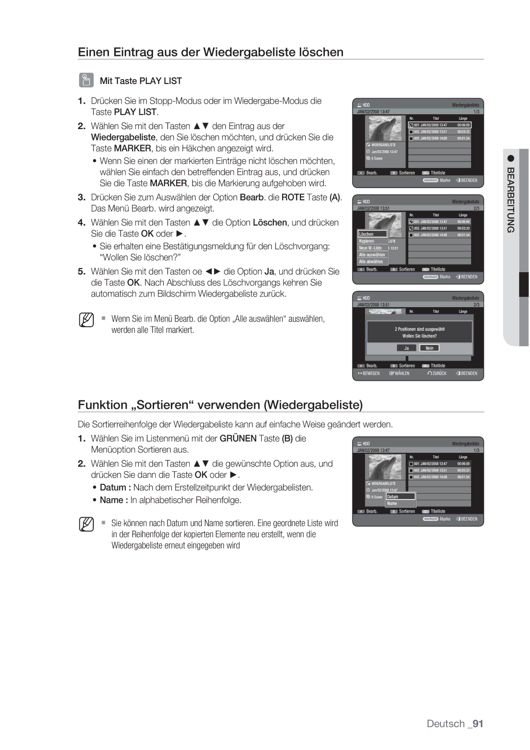 Samsung DVD-HR777/XEB manual Einen Eintrag aus der Wiedergabeliste löschen, Funktion „Sortieren verwenden Wiedergabeliste 