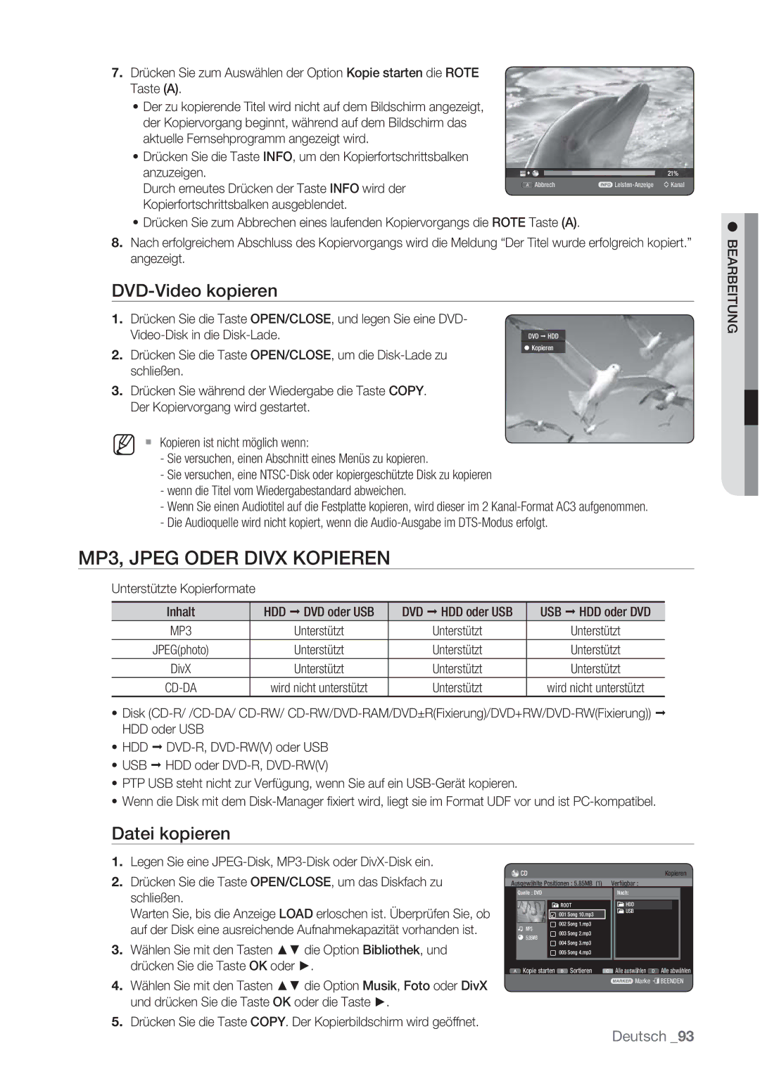 Samsung DVD-HR775/XEB, DVD-HR775/XEN, DVD-HR777/XEB manual MP3, Jpeg Oder Divx Kopieren, DVD-Video kopieren, Datei kopieren 