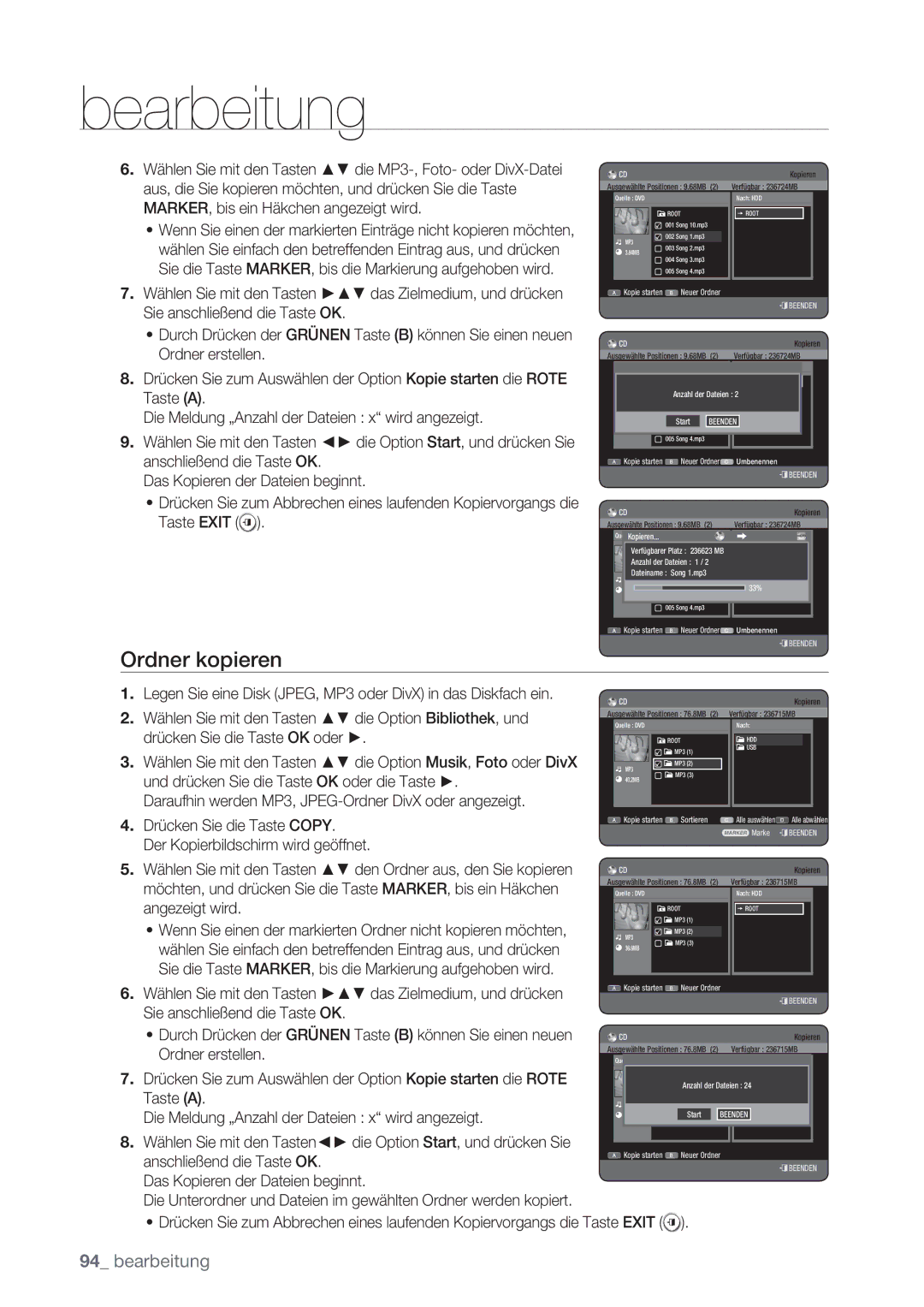 Samsung DVD-HR775/AUS, DVD-HR775/XEN, DVD-HR777/XEB, DVD-HR775/XEG, DVD-HR775/XEB manual Ordner kopieren, Verfügbar 236724MB 