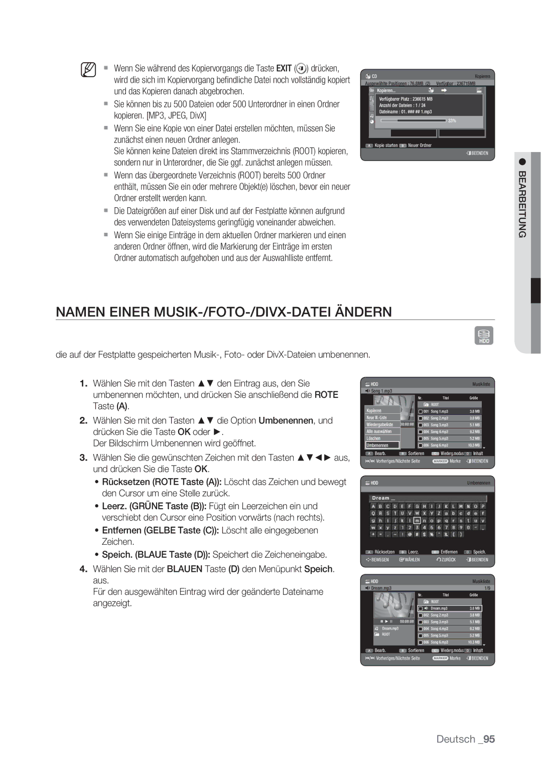 Samsung DVD-HR777/XEG manual Namen Einer MUSIK-/FOTO-/DIVX-DATEI Ändern, Drücken, Und das Kopieren danach abgebrochen 