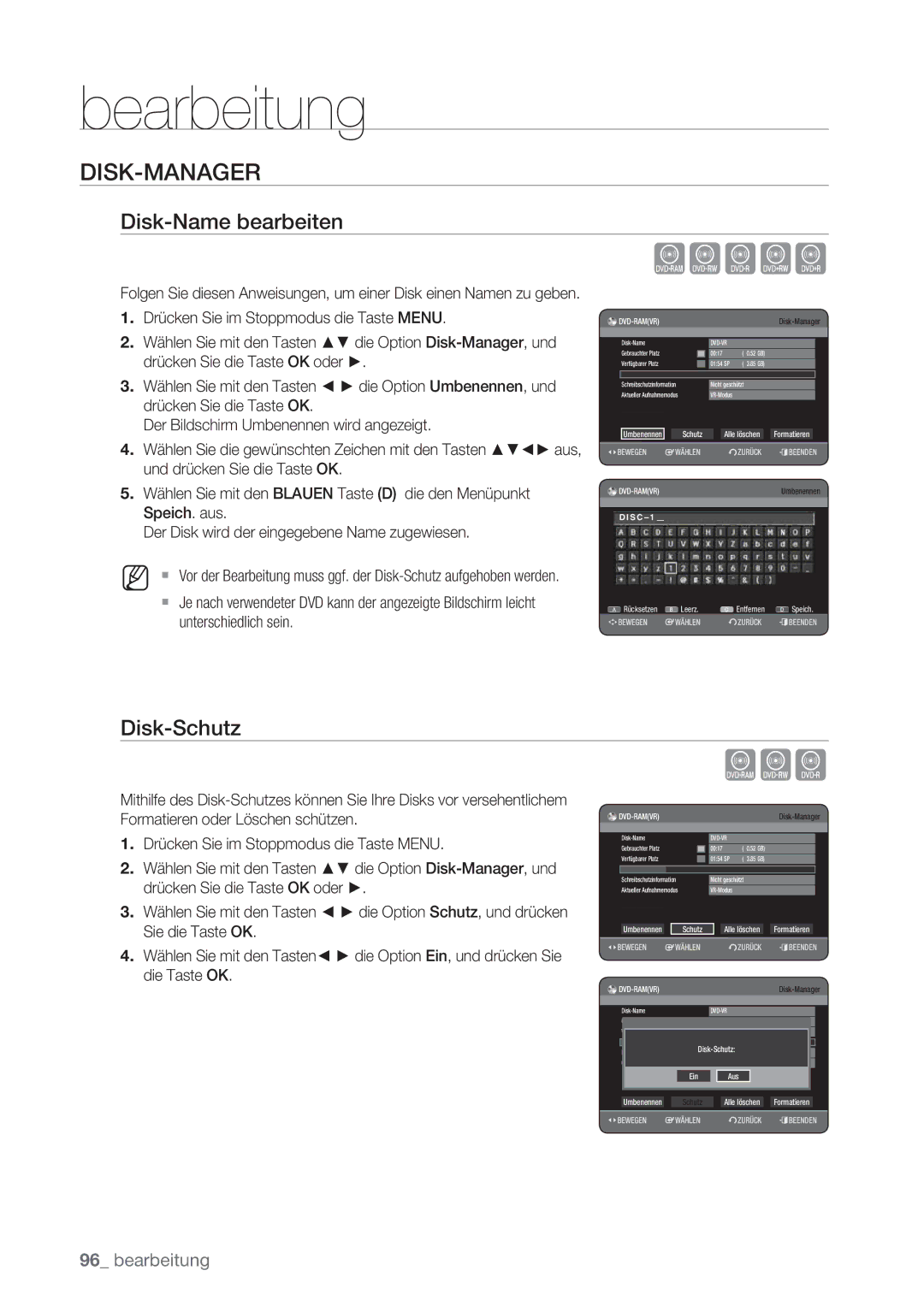 Samsung DVD-HR775/XEN, DVD-HR777/XEB, DVD-HR775/XEG, DVD-HR775/XEB Xcvkl, Disk-Manager, Disk-Name bearbeiten, Disk-Schutz 