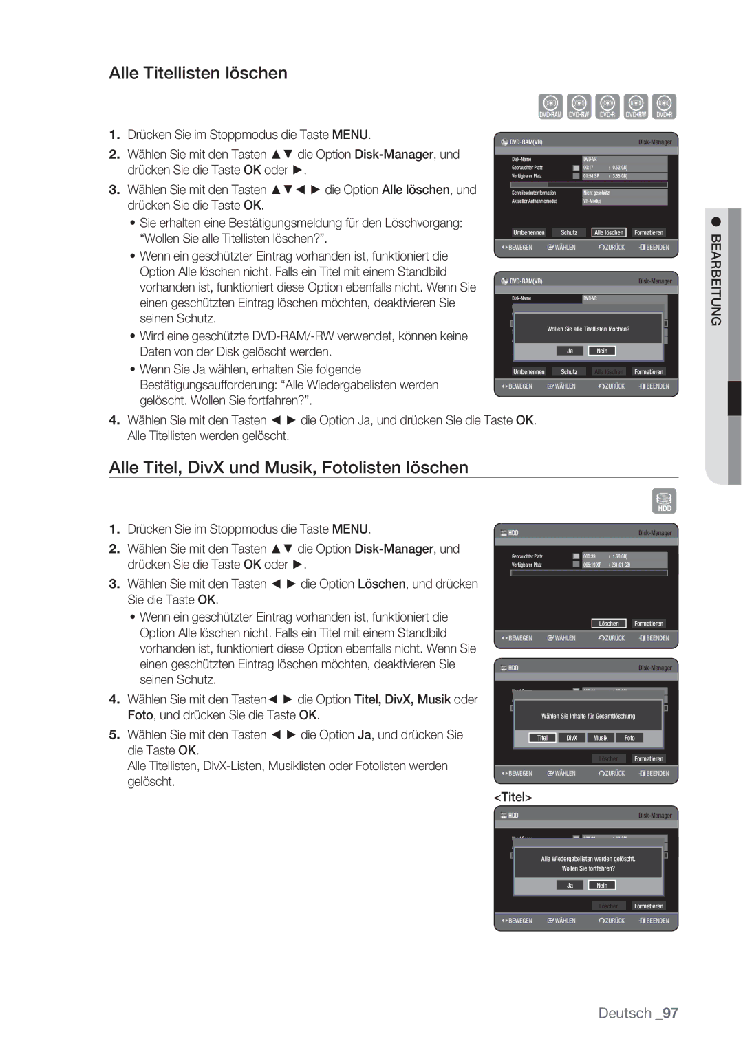 Samsung DVD-HR777/XEB, DVD-HR775/XEN manual Alle Titellisten löschen, Alle Titel, DivX und Musik, Fotolisten löschen 