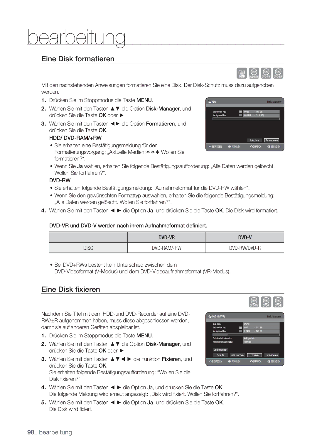 Samsung DVD-HR775/XEG, DVD-HR775/XEN manual Cvl, Eine Disk formatieren, Eine Disk ﬁxieren, Hdd/ Dvd-Ram/+Rw, DVD-VR Disc 