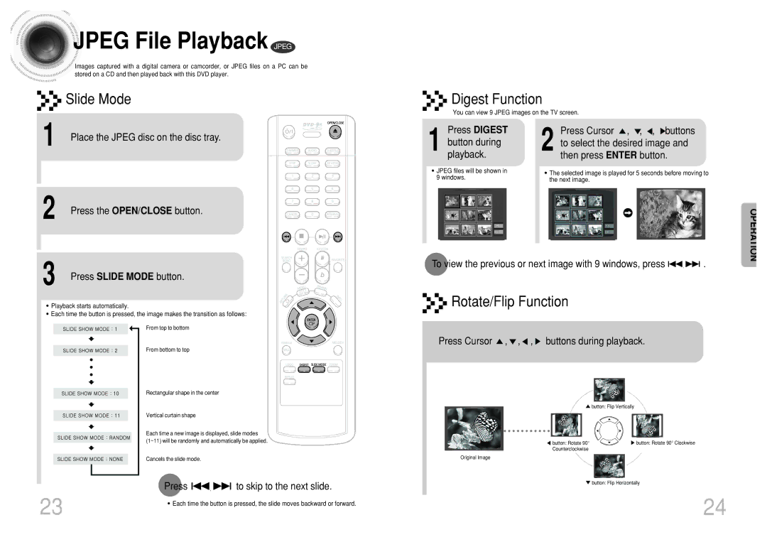 Samsung DVD-K110/XFO manual Jpeg File Playback Jpeg, Press Slide Mode button, Press To skip to the next slide 