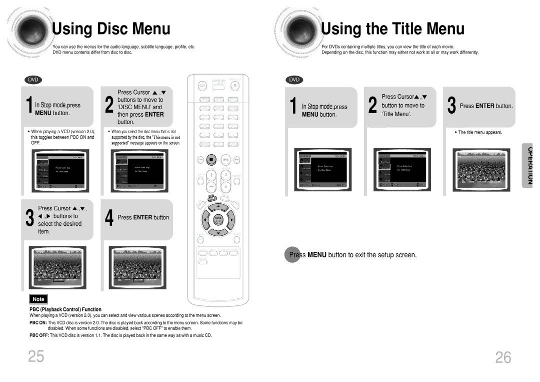 Samsung DVD-K110/XFO manual Using Disc Menu, Using the Title Menu, Press Menu button to exit the setup screen 