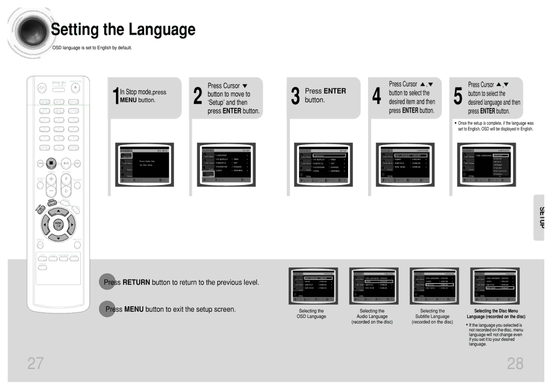 Samsung DVD-K110/XFO manual Setting the Language, Press Enter button 