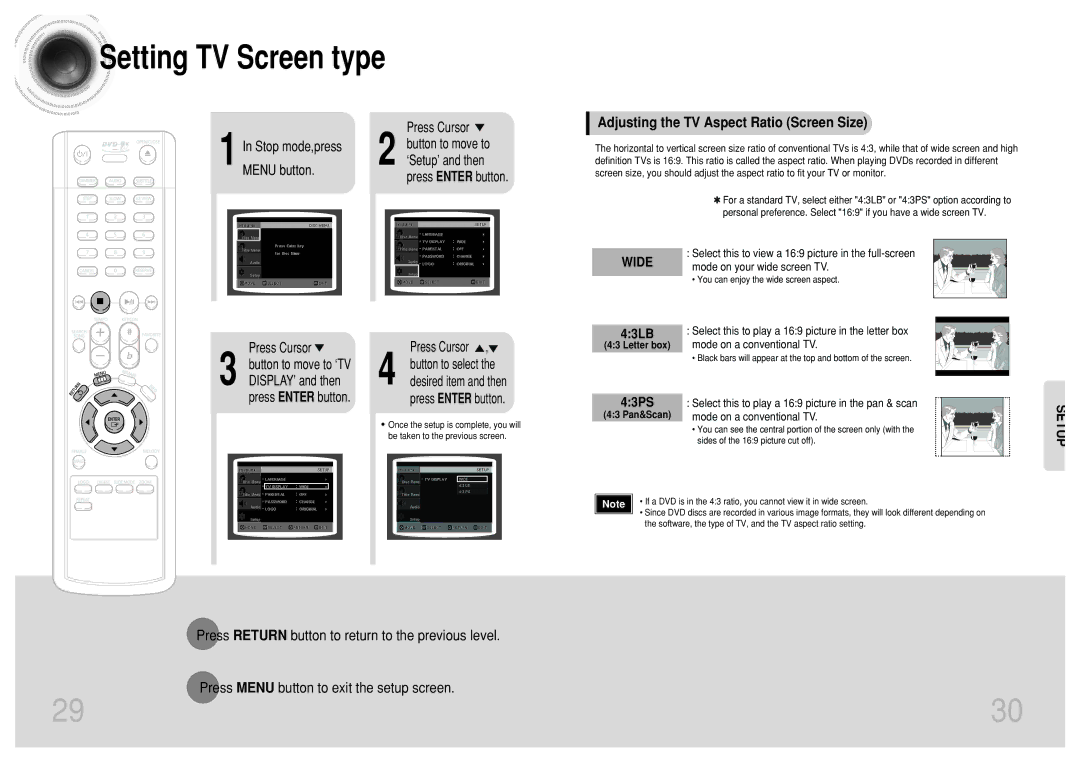 Samsung DVD-K110/XFO manual Adjusting the TV Aspect Ratio Screen Size, Stop mode,press 