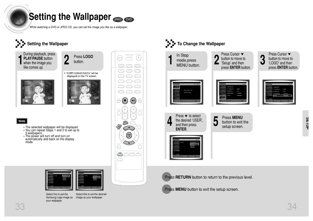 Samsung DVD-K110/XFO manual Setting the Wallpaper Jpeg DVD 