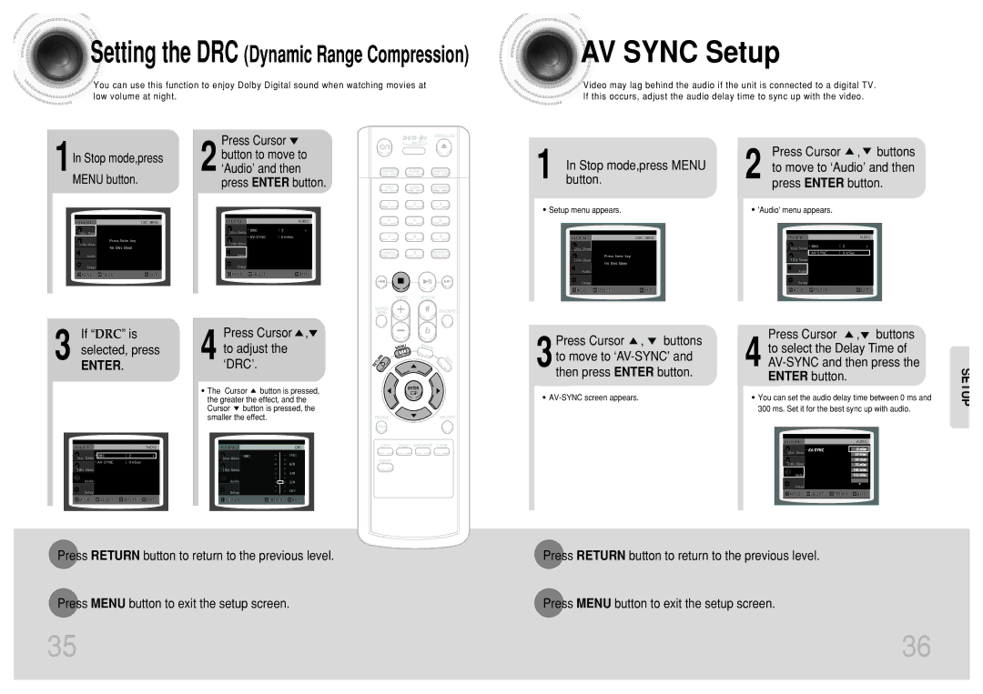 Samsung DVD-K110/XFO manual AV Sync Setup, Audio’ and then, If DRC is Selected, press, Press Cursor , 4 to adjust ‘DRC’ 