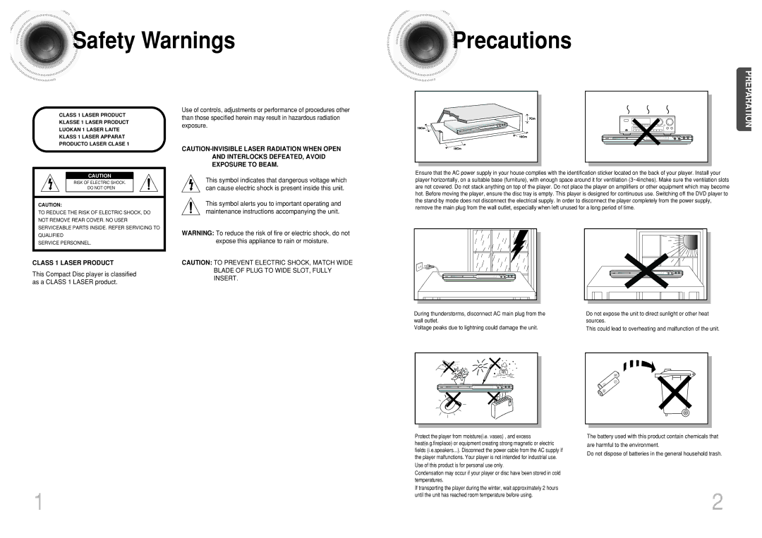 Samsung DVD-K110/XFO manual Safety Warnings Precautions, Class 1 Laser Product 