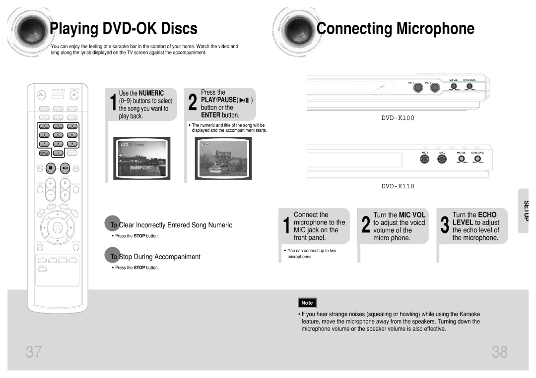 Samsung DVD-K110/XFO manual Playing DVD-OK Discs, To Clear Incorrectly Entered Song Numeric, To Stop During Accompaniment 