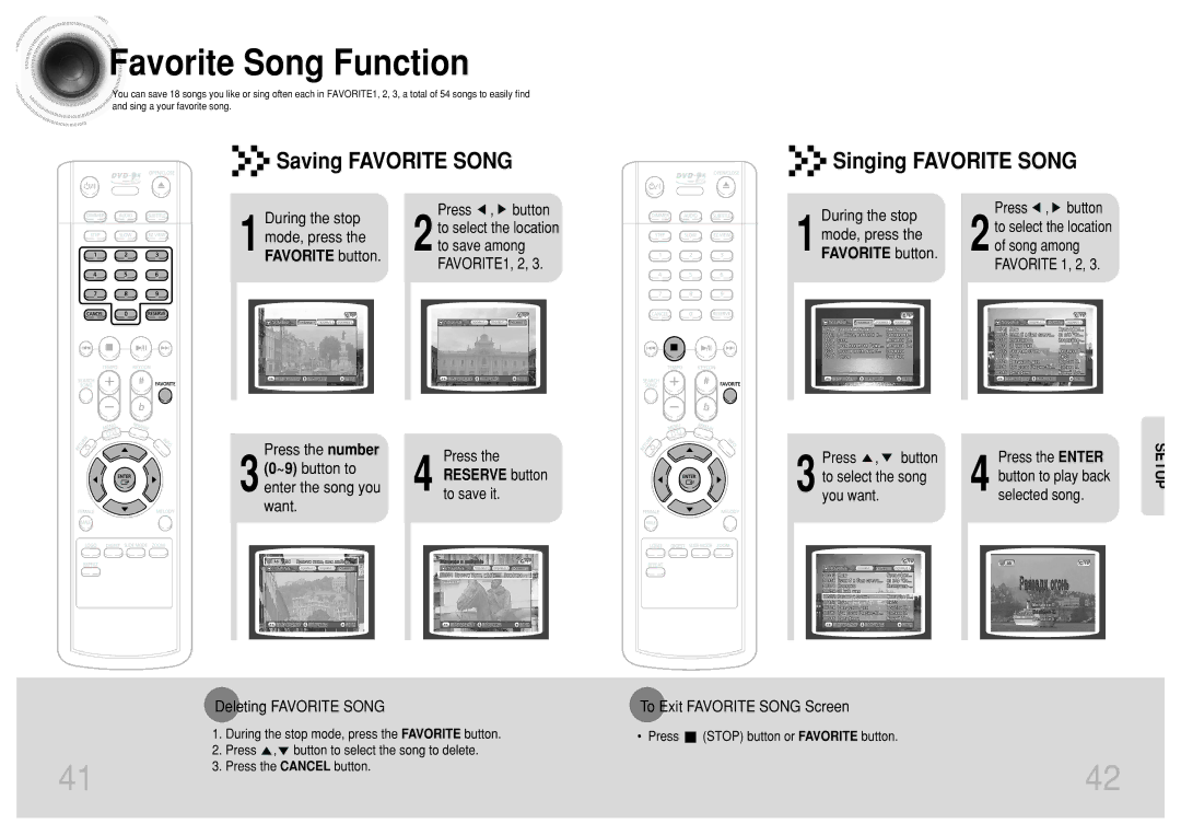 Samsung DVD-K110/XFO manual Favorite Song Function, Saving Favorite Song, Singing Favorite Song, Favorite button 