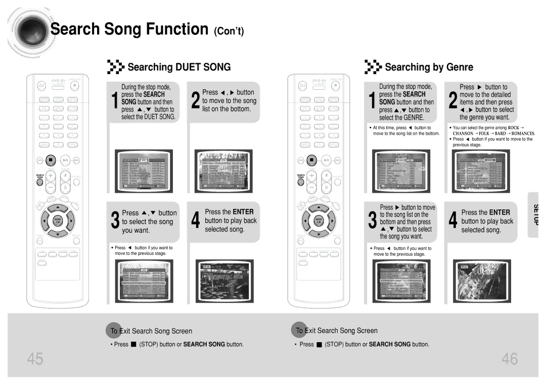 Samsung DVD-K110/XFO manual Search Song Function Con’t, Searching Duet Song Searching by Genre 