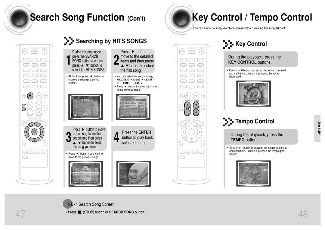 Samsung DVD-K110/XFO manual Key Control / Tempo Control, Searching by Hits Songs, KEY Control buttons 