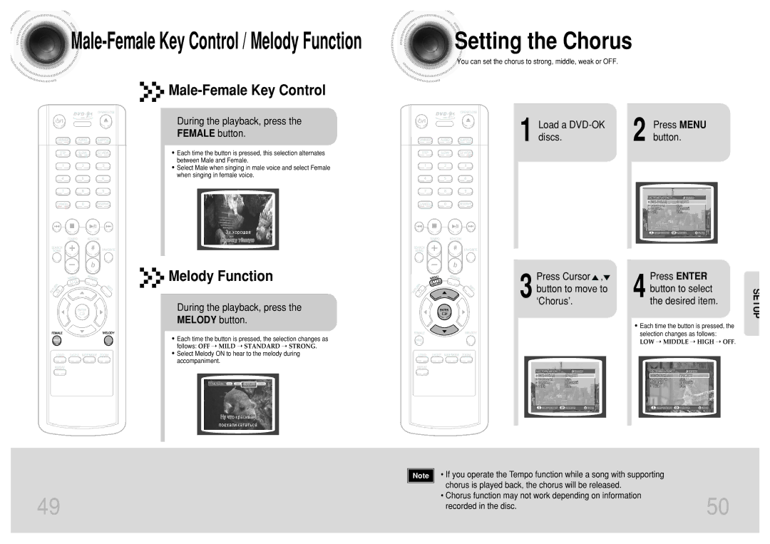 Samsung DVD-K110/XFO manual Setting the Chorus, Male-Female Key Control, Melody Function, Female button, Melody button 