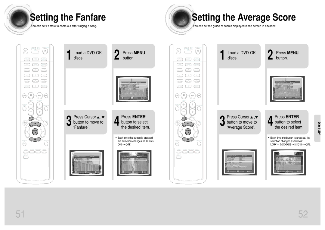 Samsung DVD-K110/XFO manual Setting the Fanfare, Setting the Average Score, Load a DVD-OK, Discs Button, Press Menu 