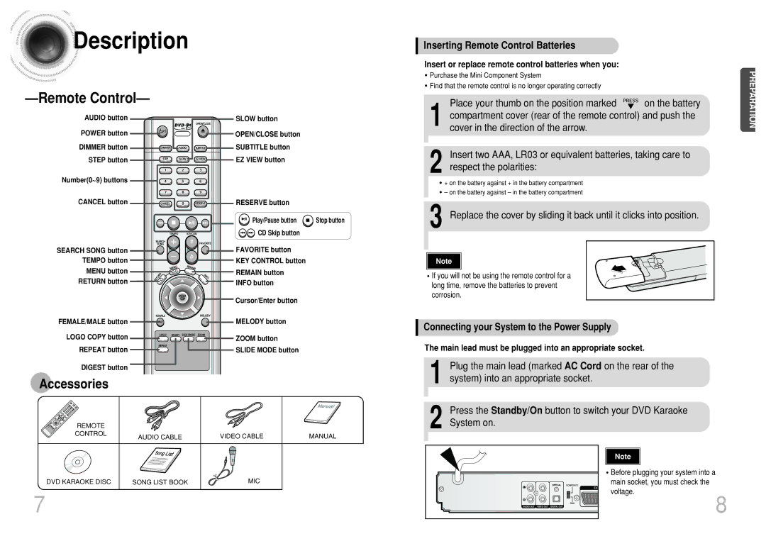 Samsung DVD-K110/XFO manual Inserting Remote Control Batteries, Connecting your System to the Power Supply 