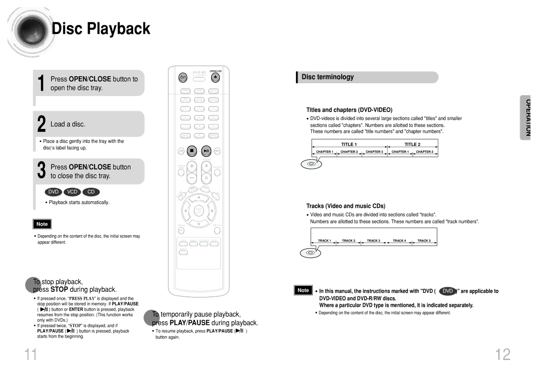 Samsung DVD-K110/XFO manual Press OPEN/CLOSE button to open the disc tray Load a disc, Disc terminology 